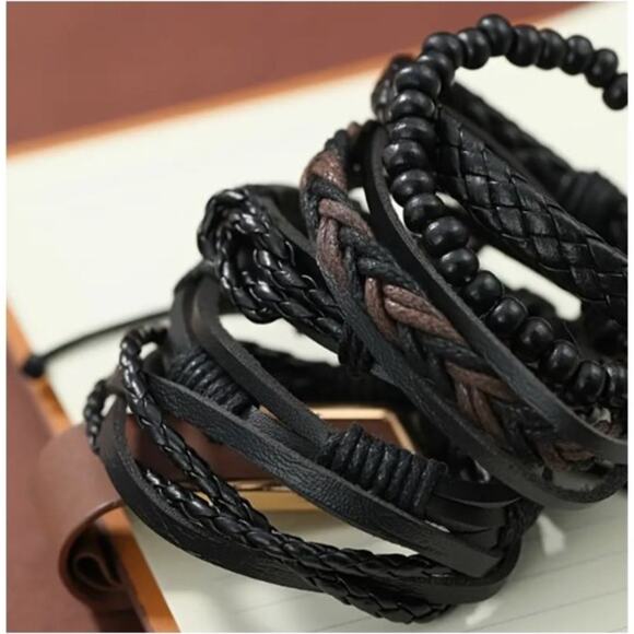6pc Men's PU Leather Street Style Black Handmade Men Minimalist Twist Bracelet - Picture 2 of 4